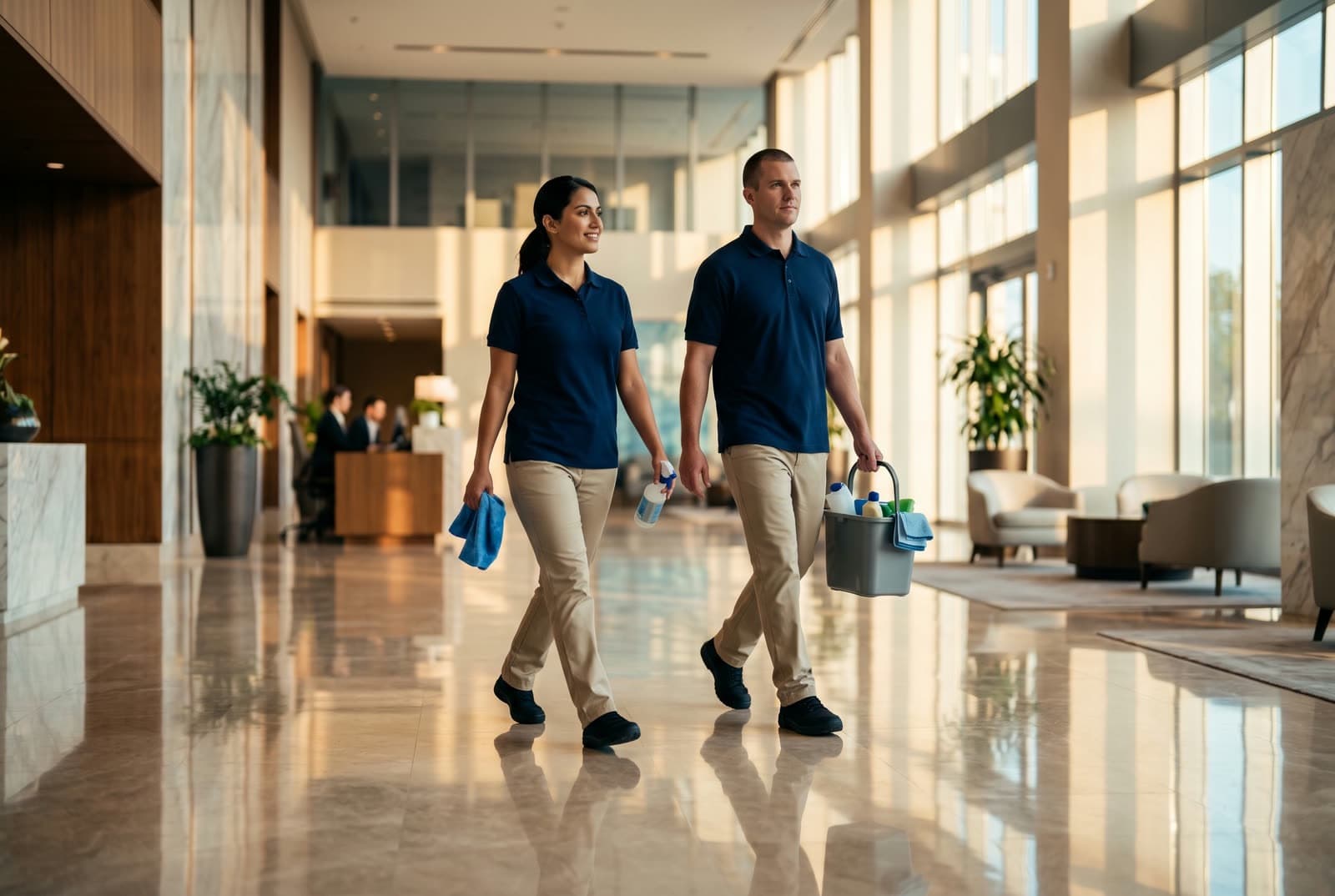 Two uniformed Purity Professionals crew members walking through a pristine corporate lobby